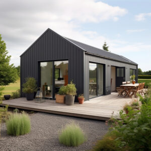 Tiny one floor timber frame house with double front doors and terrace design